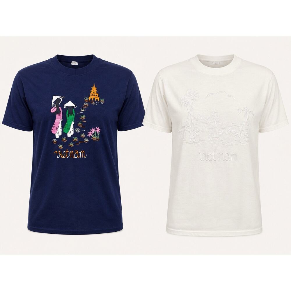 Vintage Vietnam Souvenir T-Shirt Lot of 2 Embroidered Tourist Tees Size L Unisex